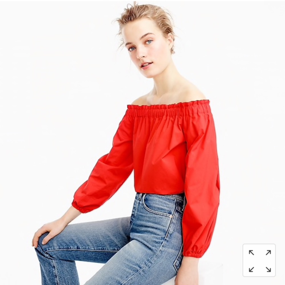 Bright red J Crew off-the-shoulder blouse